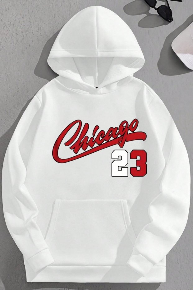 Unisex 3 Thread Cotton White Chicago23 Print Loose Fit Sweatshirt Hoodie