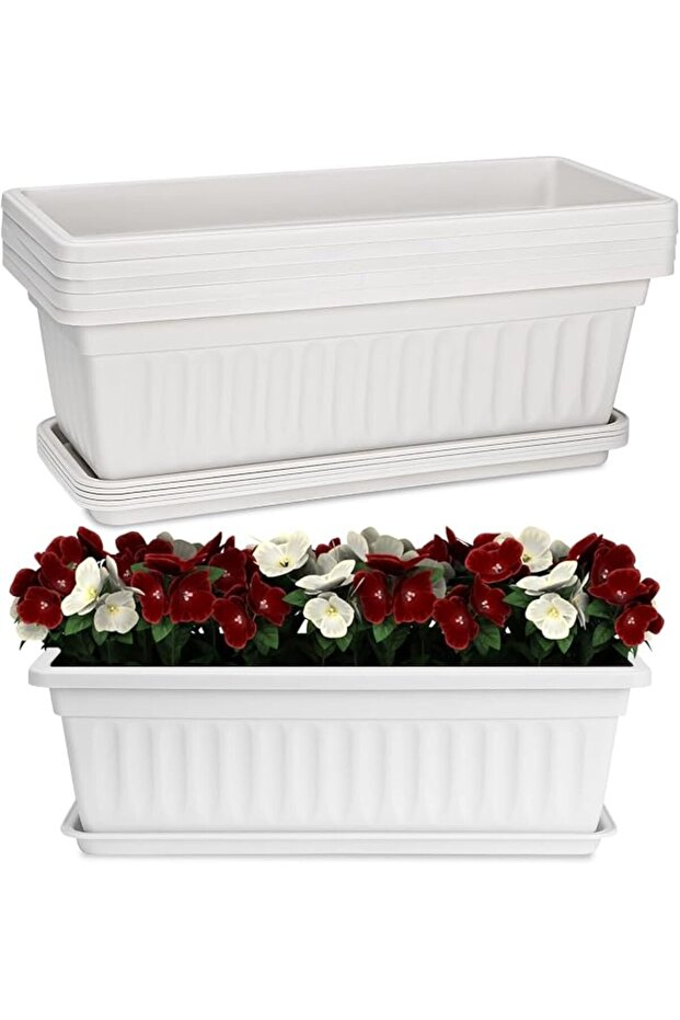 3 Pack White Plastic Window Boxes - Rectangular Planters for Vegetables and Flowers with Tray, Ideal