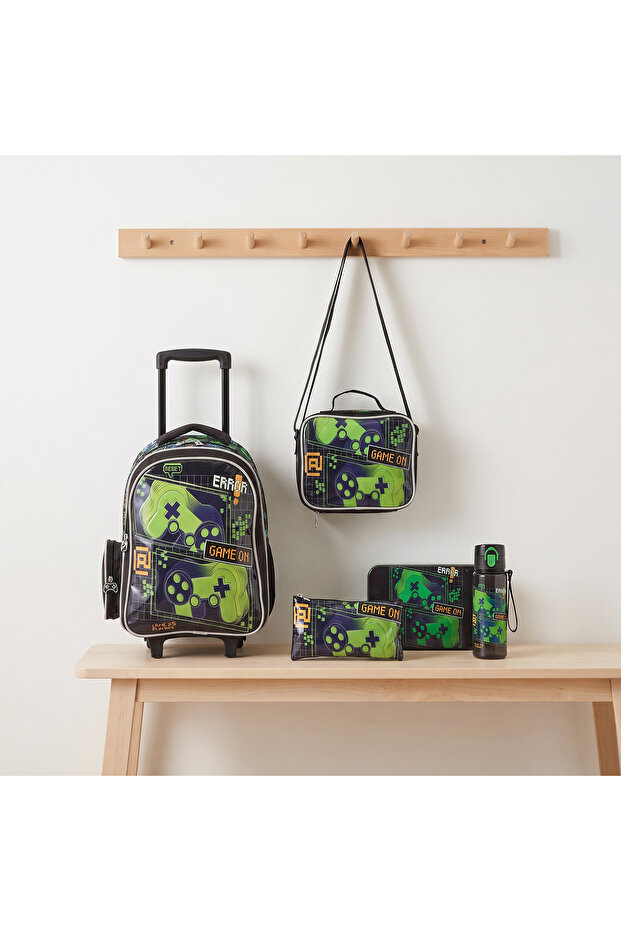 Game Print 5-Piece School Trolley Bag Set for Boys 5-8 Years with Lunch Bag - 16 inches