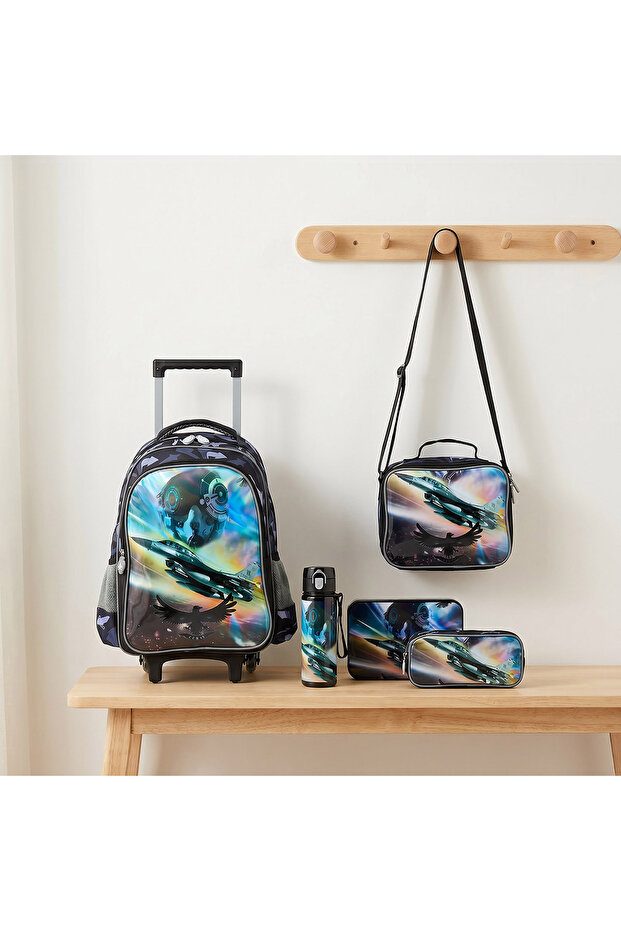 Printed 5-Piece School Bag Set for Boys 5-8 Years with Lunch Box and Bottle - 16 inches