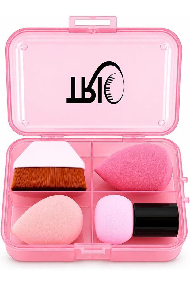 TRIO Makeup Sponge and Brush Set with Storage Box, 4-Piece Beauty Blender Kit for Foundation, Concealer and Blending, Pink