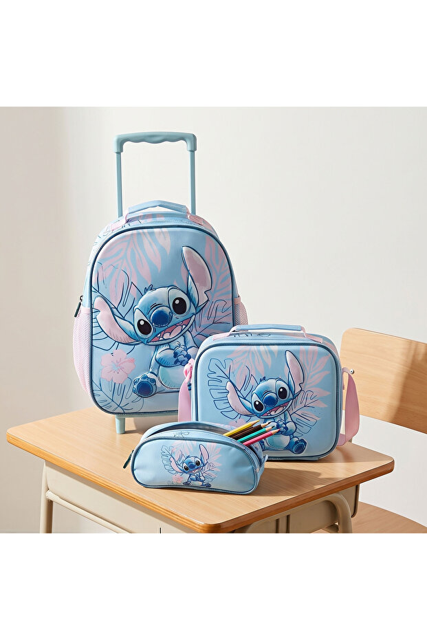 Stitch Print School Trolley Bag Set for Girls 2-5 Years with Lunch Bag