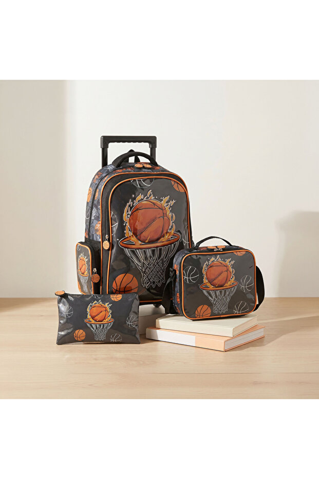 Basketball 3-Piece School Trolley Bag Set for Boys 5-8 Years with Lunch Bag - 16 inches