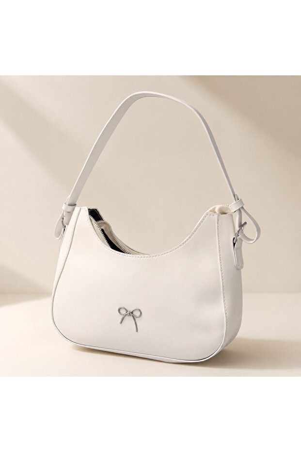 Women's White PU Leather Shoulder Bag with Silver Bow Detail