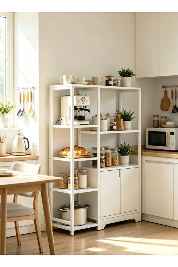 Kitchen shelf with multiple layers and cabinet doors that extends to the floor. Household multi-functional iron storage rack.