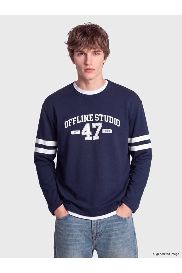 Navy Blue Crew Neck Printed Men's Sweatshirt