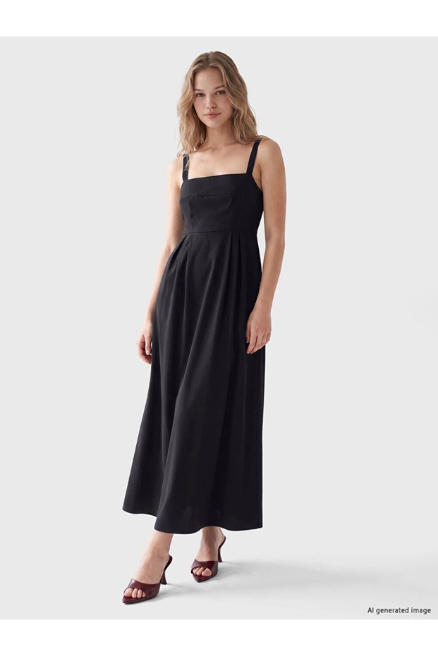 Black Square Neck Pleated Dress