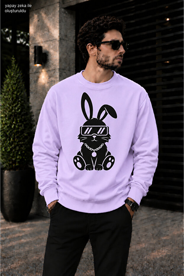 Men's Cool Bunny Rabbit Printed Crew Neck Casual Regular Fit Sweatshirt with Glasses