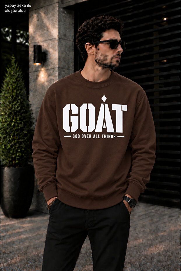 Men's Goat God over All Things Typographic Print Crew Neck Casual Regular Fit Sweatshirt