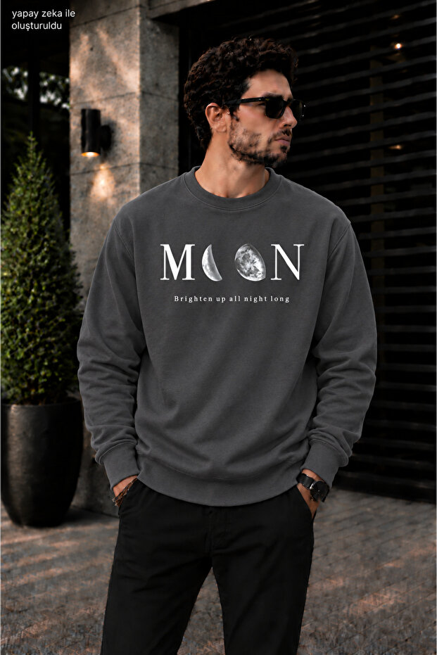 Men's Moon Phases Graphic Printed Crew Neck Casual Regular Fit Sweatshirt