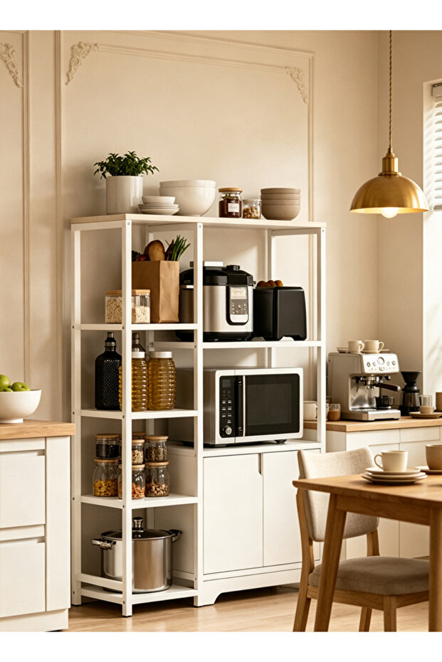Kitchen shelf with multiple layers and cabinet doors that extends to the floor. Household multi-functional iron storage rack.