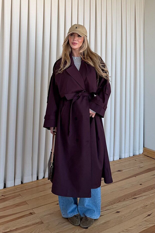 Plum Lucky Button Detailed Oversize Trench Coat - 9476