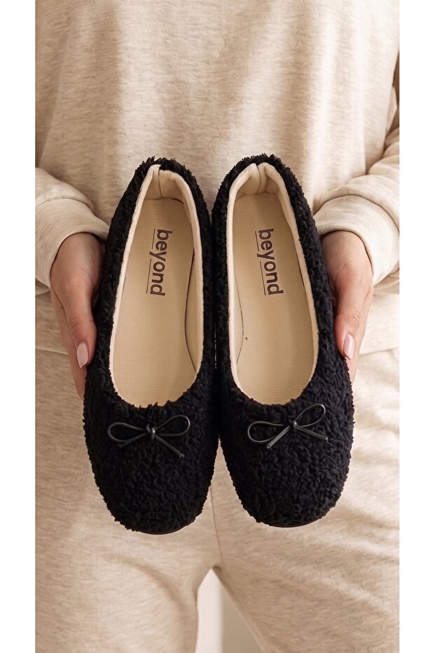 Women's Black Sherpa Furry Bowknot Casual Ballerinas 1 cm Byndsharp01