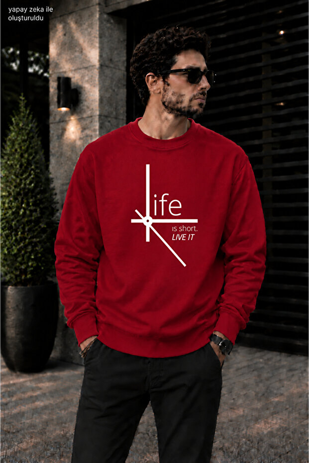 Men's Life Is Short Saat Mimarisi Graphic Printed Crew Neck Casual Regular Fit Sweatshirt