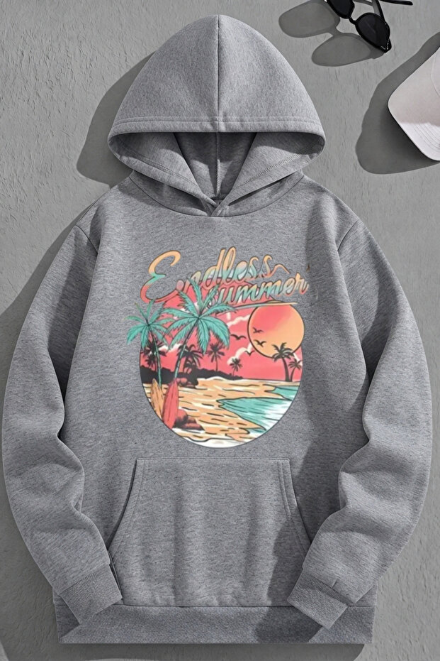 Unisex 3 Thread Cotton Gray Endlesssummer Print Loose Fit Sweatshirt Hoodie