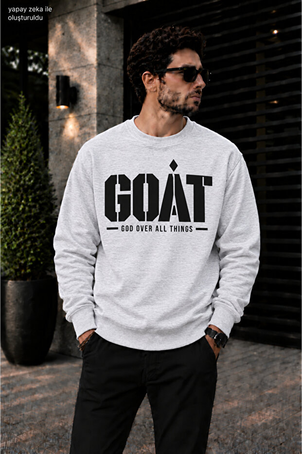 Men's Goat God over All Things Typographic Print Crew Neck Casual Regular Fit Sweatshirt