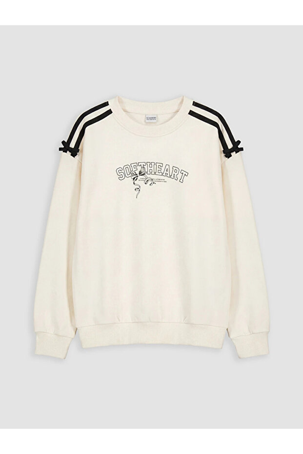 Ecru Bow Printed Girls' Sweatshirt