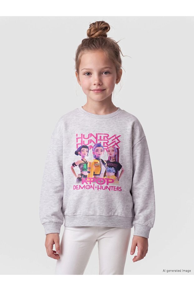 Gray Kpop Demon+Hunters Printed Girls' Sweatshirt