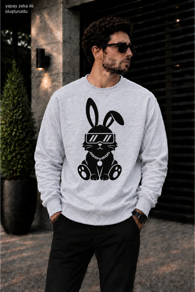 Men's Cool Bunny Rabbit Printed Crew Neck Casual Regular Fit Sweatshirt with Glasses