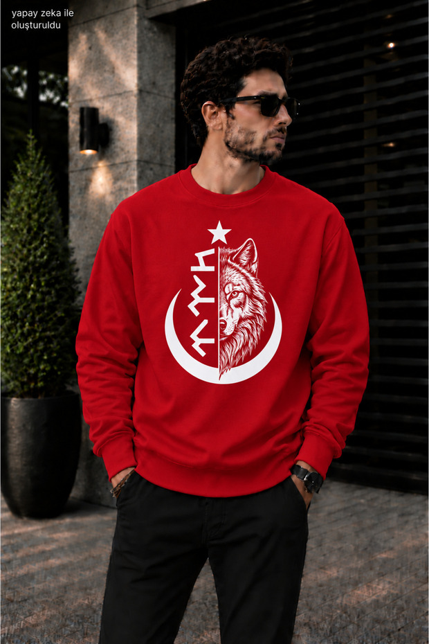 Men's Göktürkçe Turkish Written and Wolf Printed Crew Neck Casual Regular Fit Sweatshirt