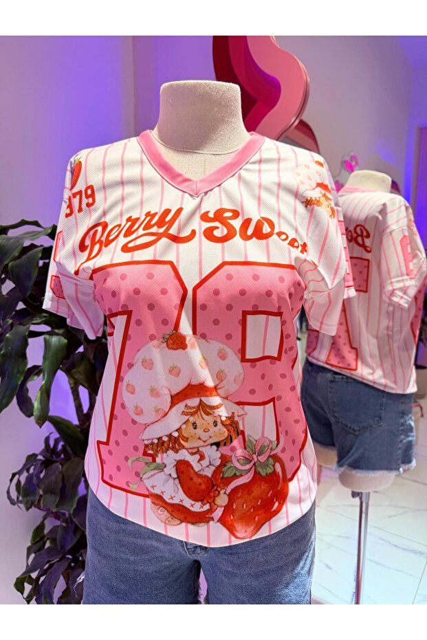 Pink V-Neck Berry Sweat Jersey T-Shirt