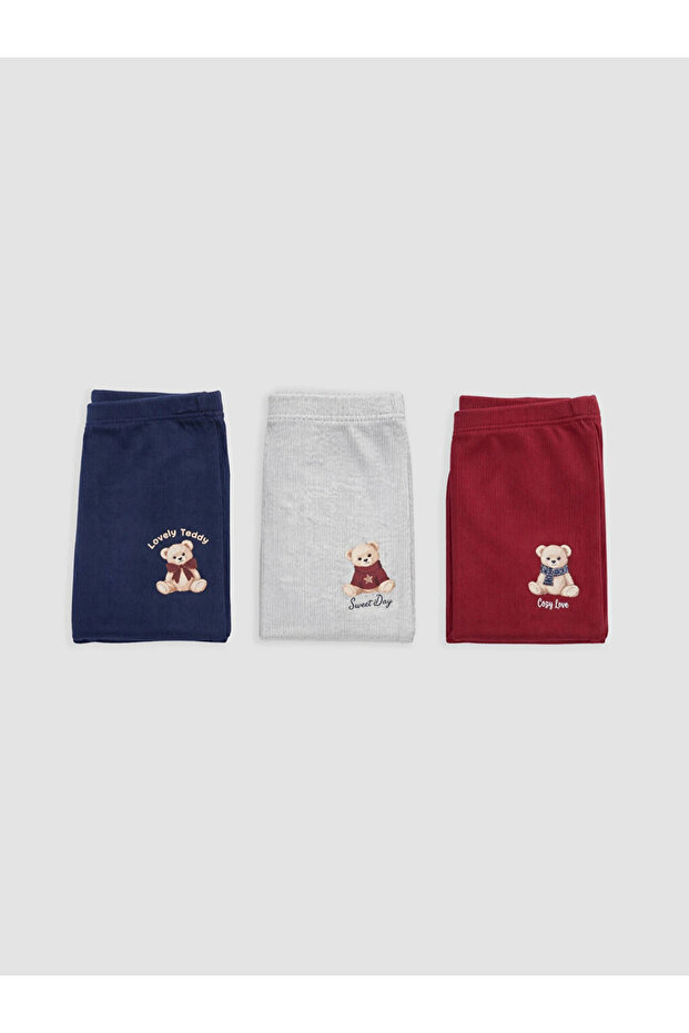 Navy Blue Girls' Teddy Bear Printed Boxer Shorts 3-Piece Set