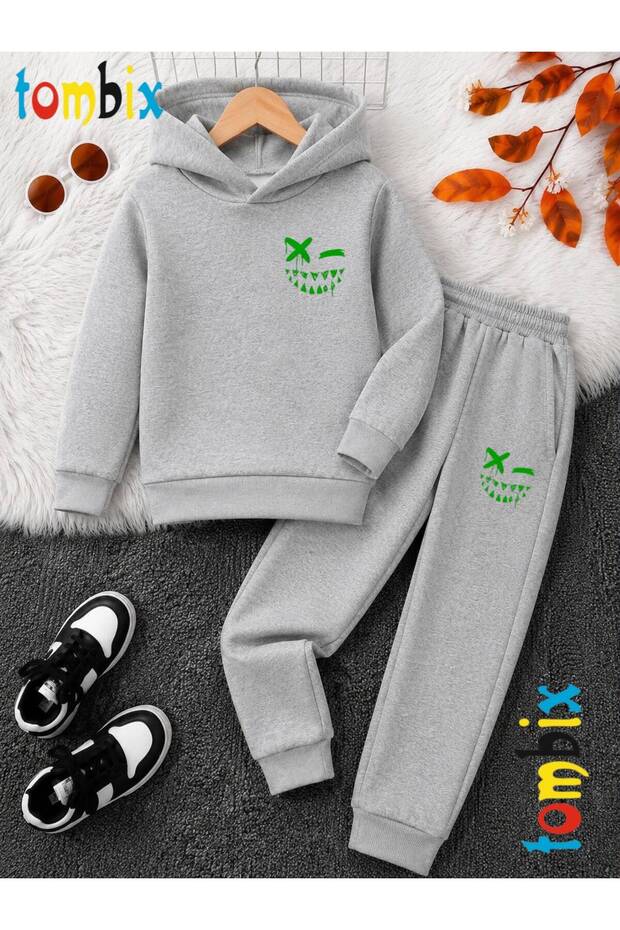 Green Suliyet Printed Thick Winter Hooded Top/Bottom Children's Tracksuit Set (Pockets on the Bottom of the Pants)