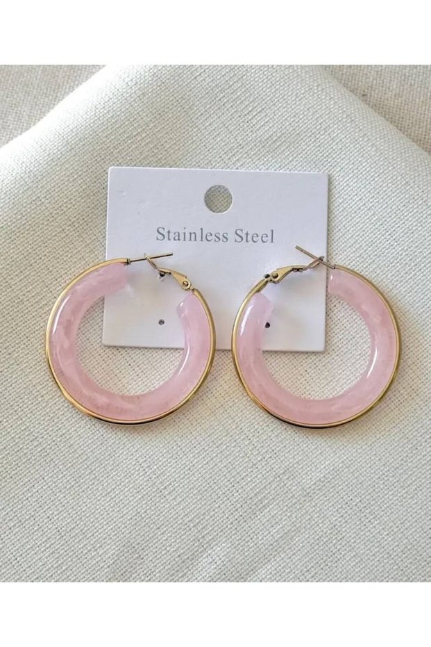 Women's Gold-Pink Color Acrylic Hoop Earrings with Colorful Stones - Stylish Elegant Modern Design Earrings 316L Steel Anti-Allergic