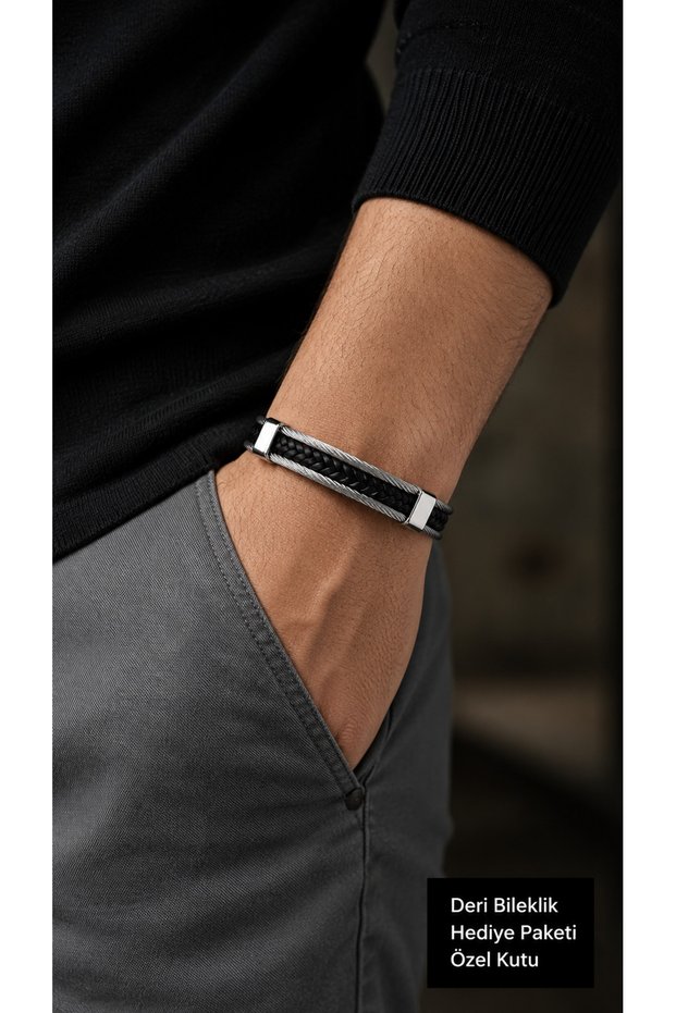 Vercano Steelrail Black Leather Men's Bracelet - Braided with Silver Cord Frame