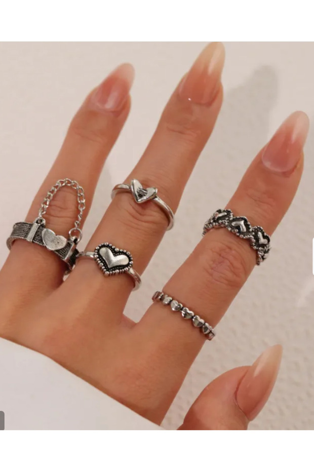 Women's Open Alloy Ring Set with Silver Color, Hip Hop Style and Heart Parama Pattern, Tassels