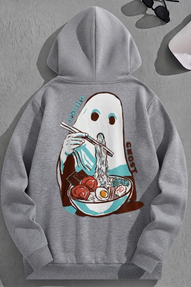 Unisex 3 Thread Cotton Gray Ghosteats Print Loose Fit Sweatshirt Hoodie