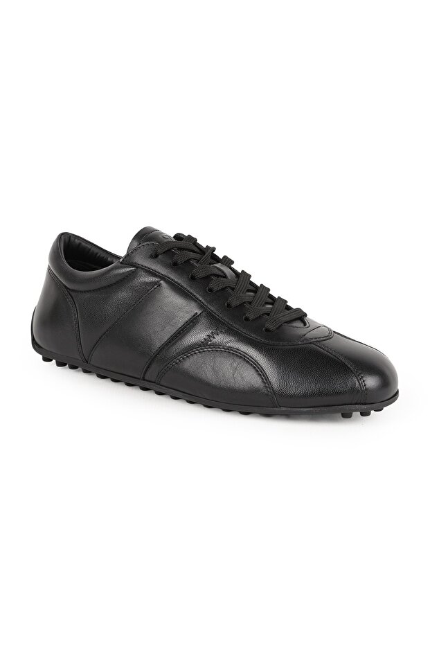 L6027 Men's Black Genuine Antique Leather Zig-Zag Stitched Dotted Rubber Sole Sneaker