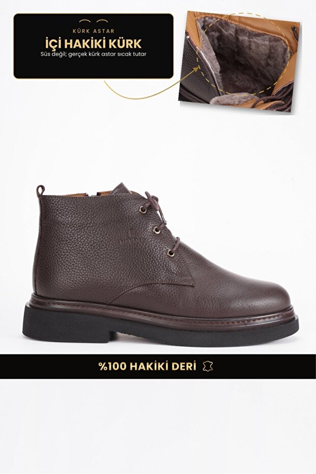 Genuine Leather Men's Boots with Laces and Zipper, Fur Lining, Winter Cold Resistant, Casual Brown