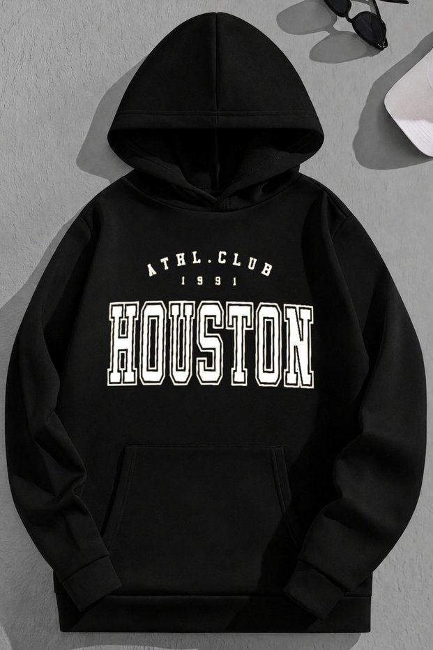 Unisex 3 Thread Cotton Black Houstonac Print Loose Fit Sweatshirt Hoodie
