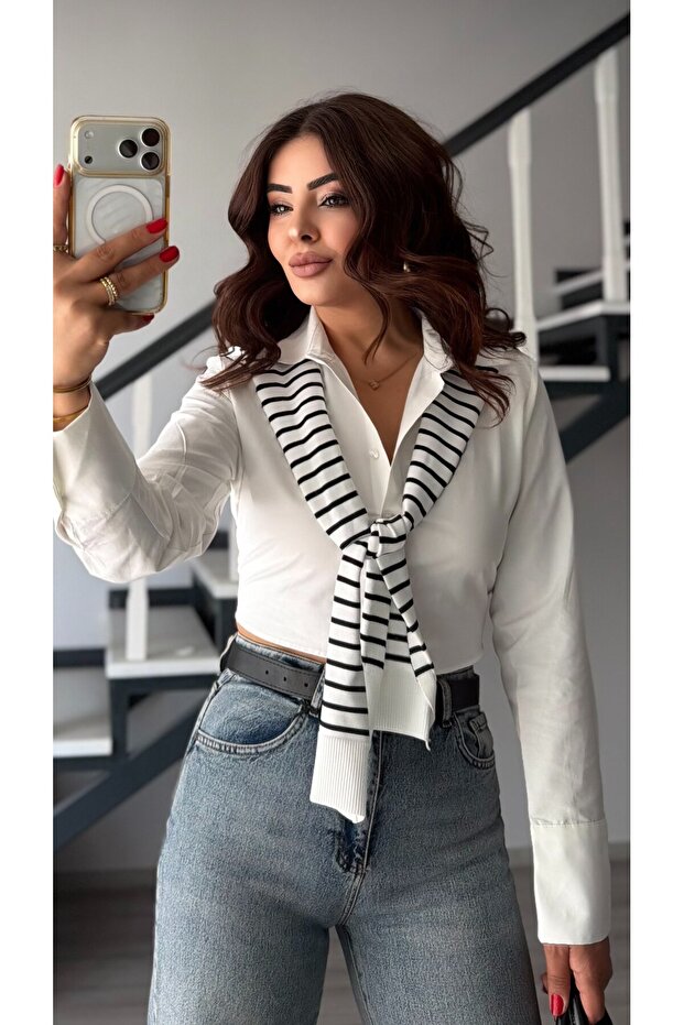 White Self-Removable Scarf Crop Shirt