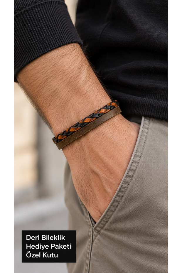 Nerisse Olivebraid Khaki Leather Men's Bracelet - Orange Black Braided Detail
