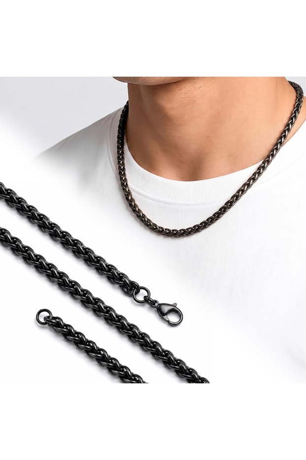 💎   Premium Shiny & Stylish Wicker Weave Men's 316L Steel Necklace 6mm 55cm 3183Eck031 - Black Color