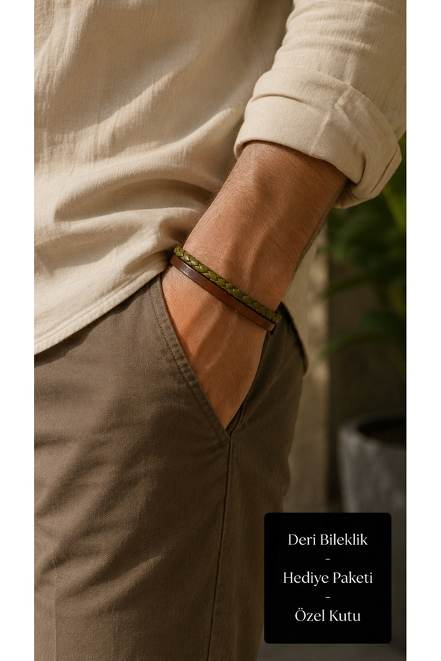 Cortesso Olivebraid Brown Khaki Leather Men's Bracelet - Double Textured Weave
