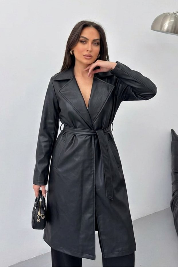 Women's Long Trench Coat Faux Leather Belted Double Pockets Slit Long Sleeve Double Breasted Lapel Long Jacket