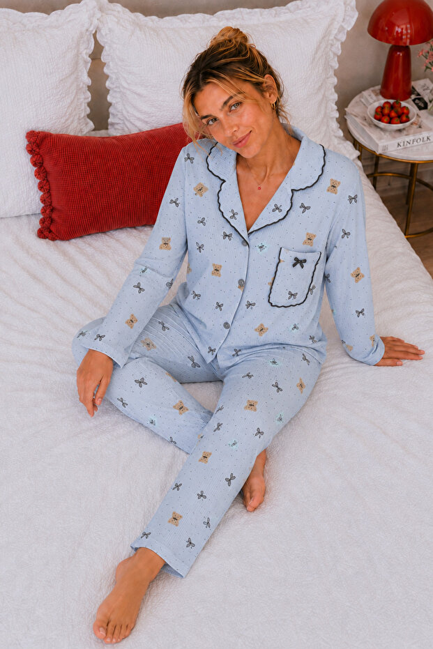 Reported Viscose Buttoned Overlocked Long Sleeve Patterned Pajama Set