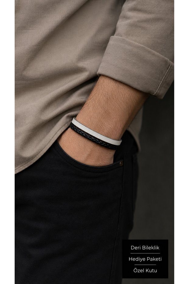 Tervasso Ivorybraid Cream Black Leather Men's Bracelet - Double Row Braided Design