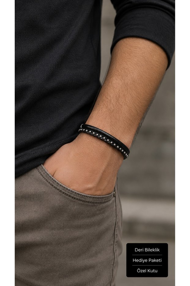Fenriso Steelstud Black Leather Men's Bracelet - Silver Tone Beaded Stripe Design