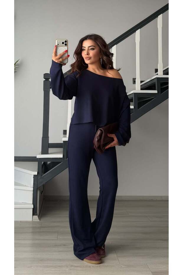 Navy Blue Boat Neck Modal Suit