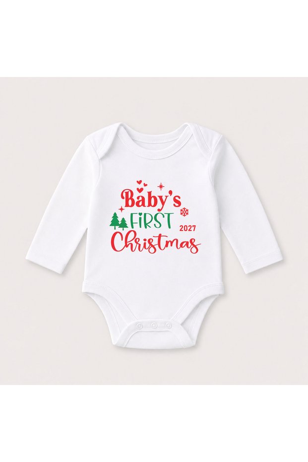 First Father Mother Baby New Year Santa Claus Themed Printed Family Long Sleeve Bodysuit Set