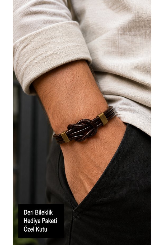Ferello Brassknot Dark Brown Leather Men's Bracelet - Knot Metal Detail