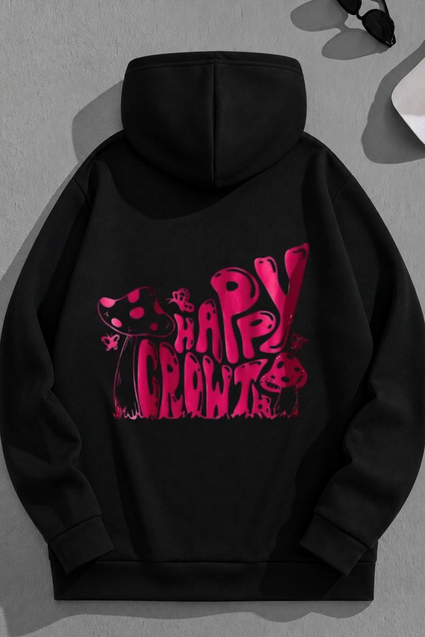 Unisex 3 Thread Cotton Black Happycrowt Print Loose Fit Sweatshirt Hoodie