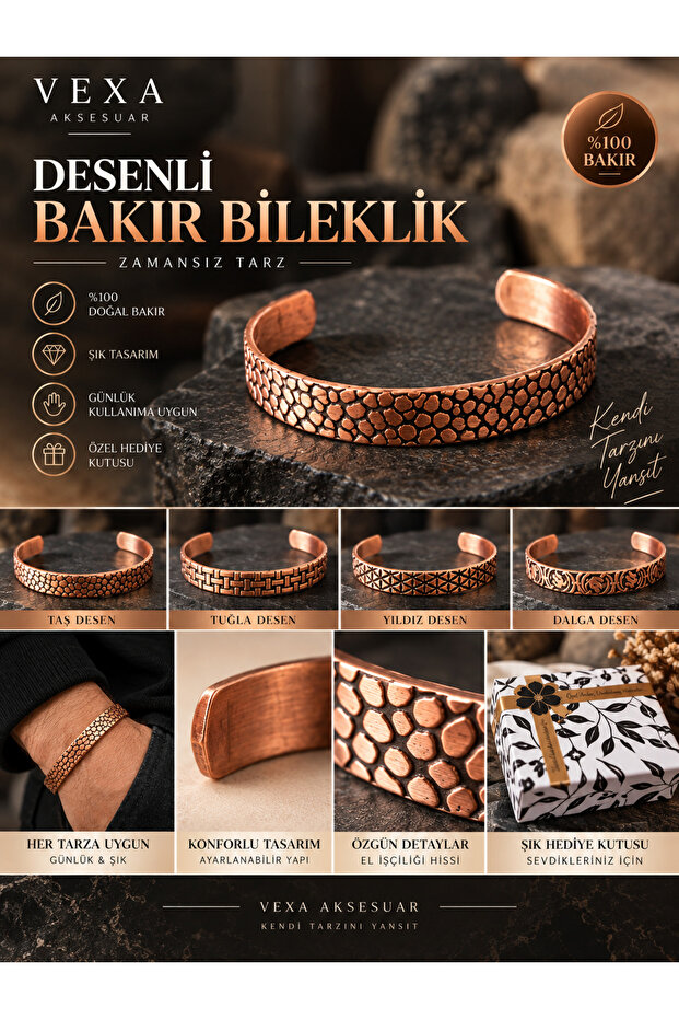 Patterned Copper Bracelet Adjustable Unisex Handcuff Bracelet - with Special Gift Box