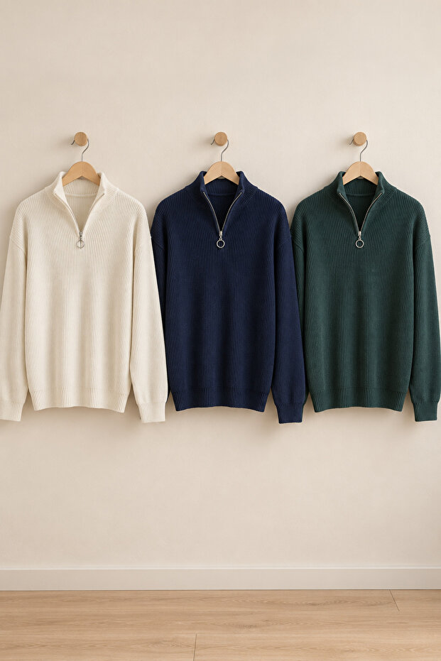 3-Pack Men's Stand Collar Long Sleeve Zippered Knit Sweater