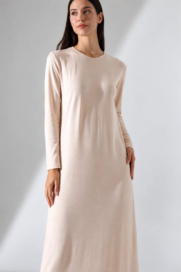 Women's Beige Cotton Long Sleeve Crew Neck Oversize Undergarment Dress