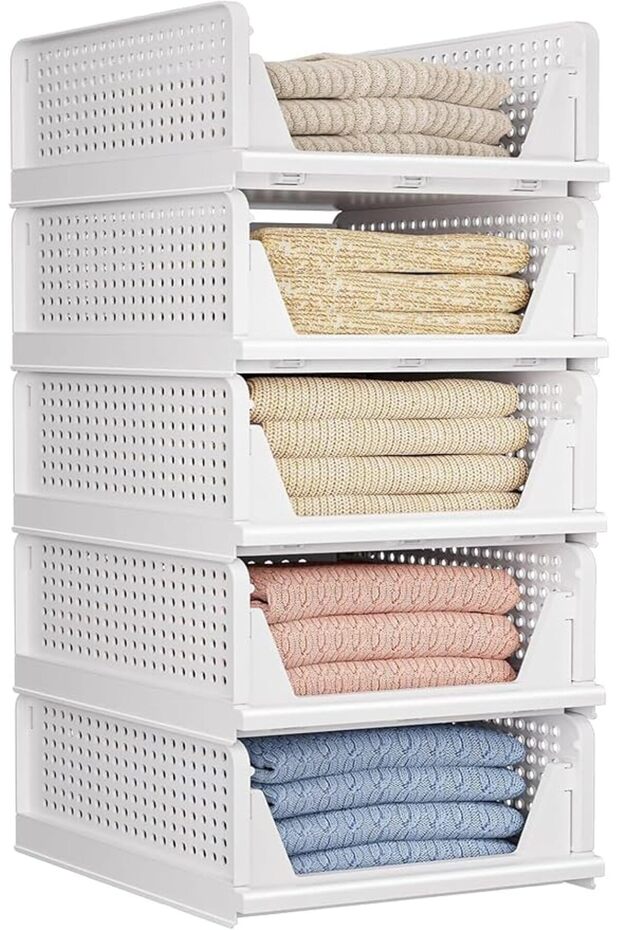Stackable Drawer Storage Organizer, 5 Pack Plastic Cabinet Boxes, Foldable Closet Wardrobe Basket, L